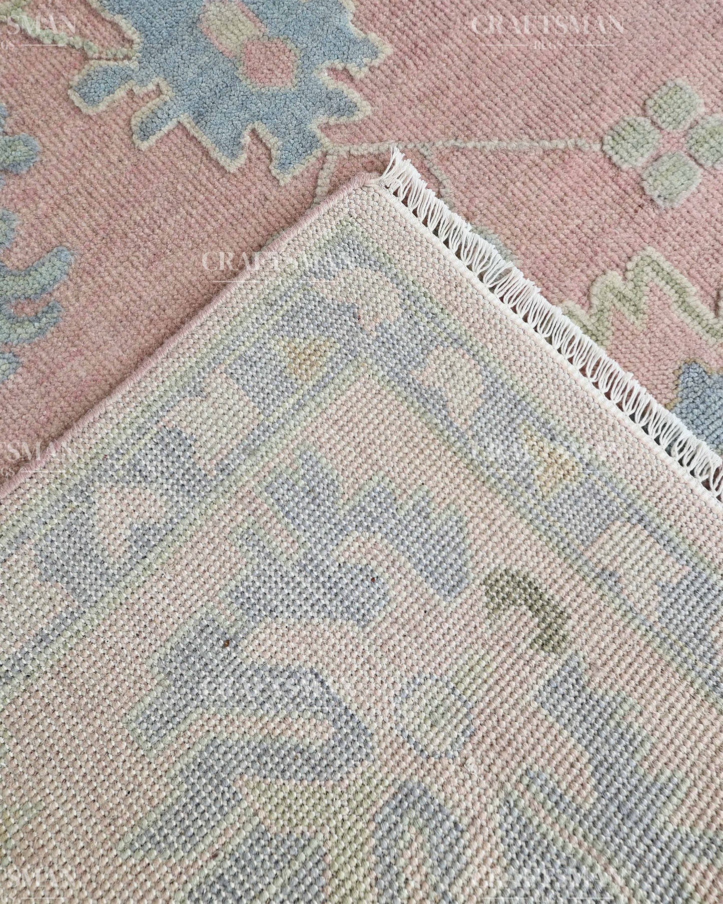 Luxury Hand Knotted Oushak Rug – Blush Pink & Powder Blue Vintage Floral Medallion Wool Area Rug | Traditional Turkish Inspired Handmade Carpet
