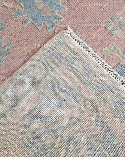 Luxury Hand Knotted Oushak Rug – Blush Pink & Powder Blue Vintage Floral Medallion Wool Area Rug | Traditional Turkish Inspired Handmade Carpet