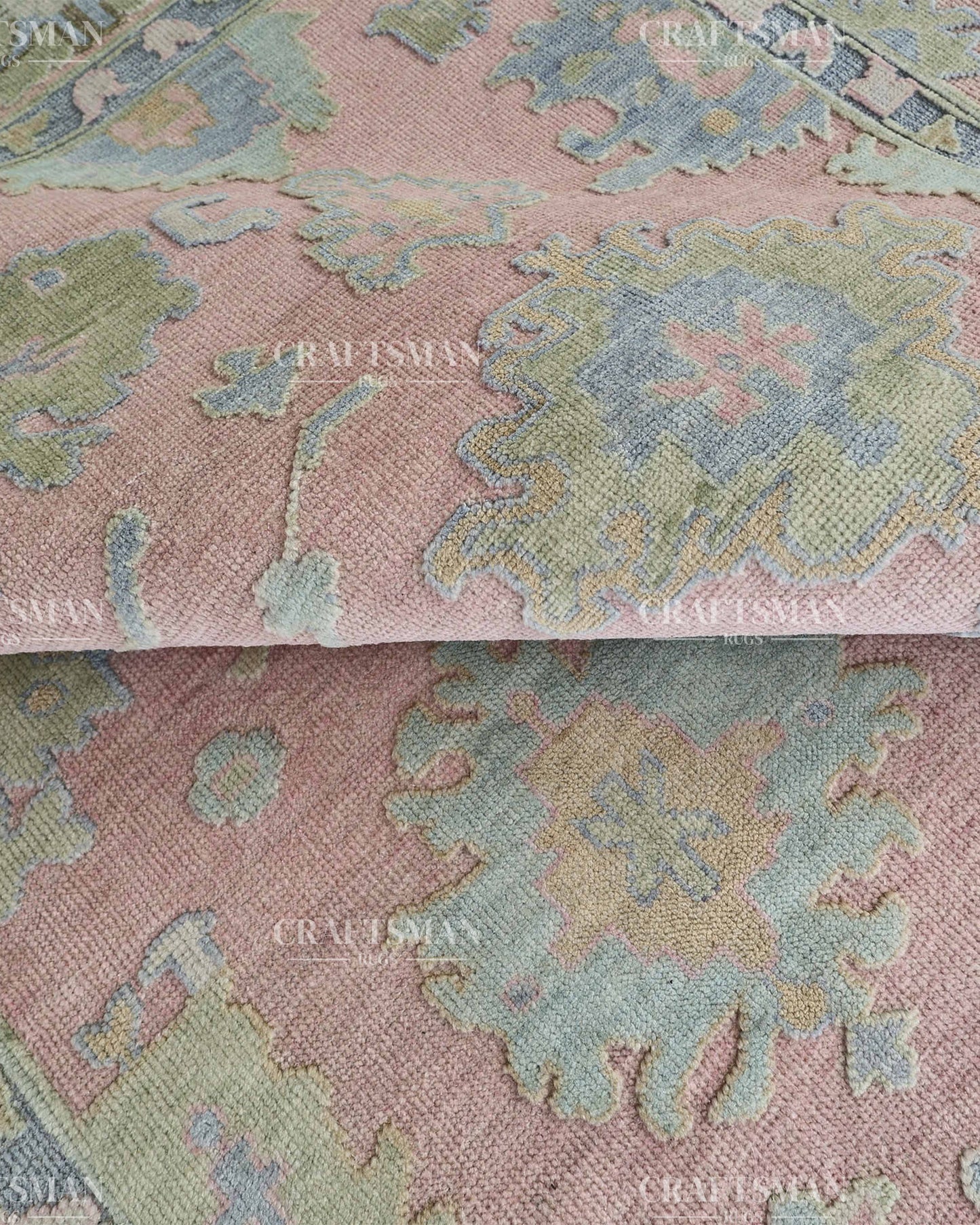 Luxury Hand Knotted Oushak Rug – Blush Pink & Powder Blue Vintage Floral Medallion Wool Area Rug | Traditional Turkish Inspired Handmade Carpet