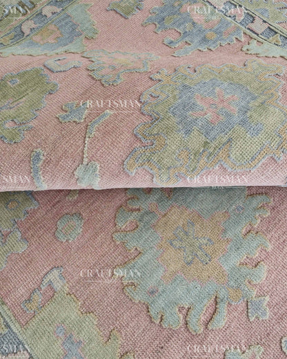 Luxury Hand Knotted Oushak Rug – Blush Pink & Powder Blue Vintage Floral Medallion Wool Area Rug | Traditional Turkish Inspired Handmade Carpet