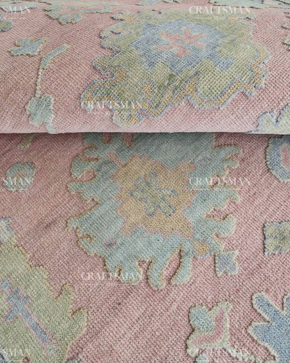 Luxury Hand Knotted Oushak Rug – Blush Pink & Powder Blue Vintage Floral Medallion Wool Area Rug | Traditional Turkish Inspired Handmade Carpet