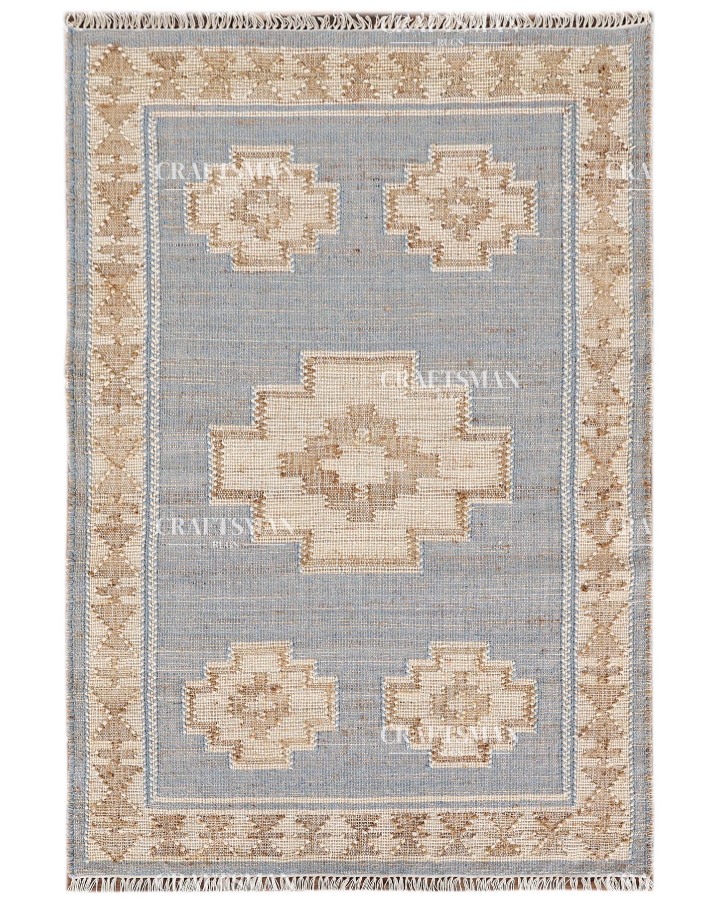 4x6 Handwoven Light Blue Jute Area Rug – Natural Beige Geometric Boho Farmhouse Flatweave Rug | Eco-Friendly Handmade Rug
