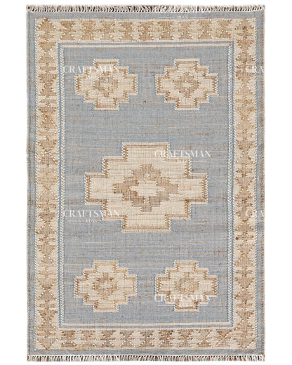 Handwoven Light Blue Jute Area Rug – Handmade Geometric Boho Farmhouse Flatweave Rug | Natural Eco-Friendly Area Carpet