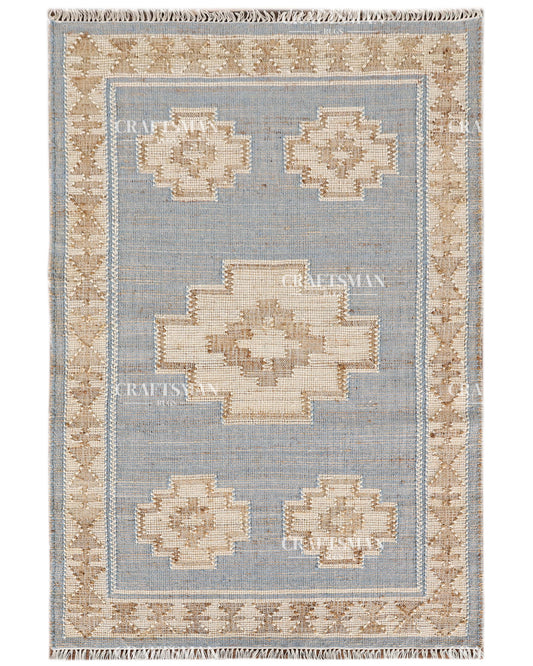 Handwoven Light Blue Jute Area Rug – Handmade Geometric Boho Farmhouse Flatweave Rug | Natural Eco-Friendly Area Carpet