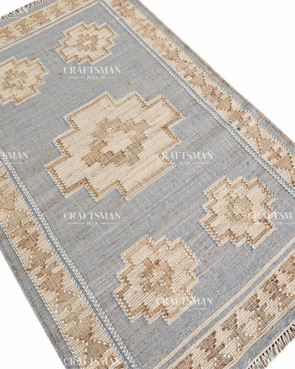 4x6 Handwoven Light Blue Jute Area Rug – Natural Beige Geometric Boho Farmhouse Flatweave Rug | Eco-Friendly Handmade Rug