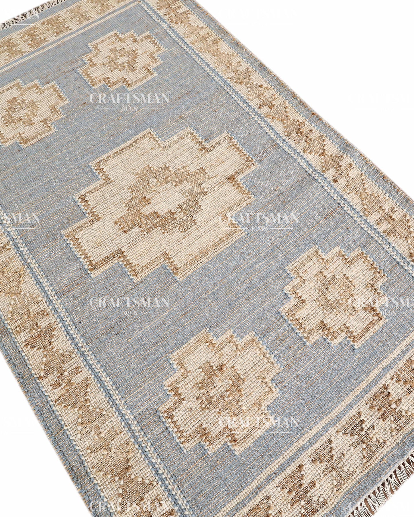Handwoven Light Blue Jute Area Rug – Handmade Geometric Boho Farmhouse Flatweave Rug | Natural Eco-Friendly Area Carpet