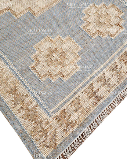 4x6 Handwoven Light Blue Jute Area Rug – Natural Beige Geometric Boho Farmhouse Flatweave Rug | Eco-Friendly Handmade Rug