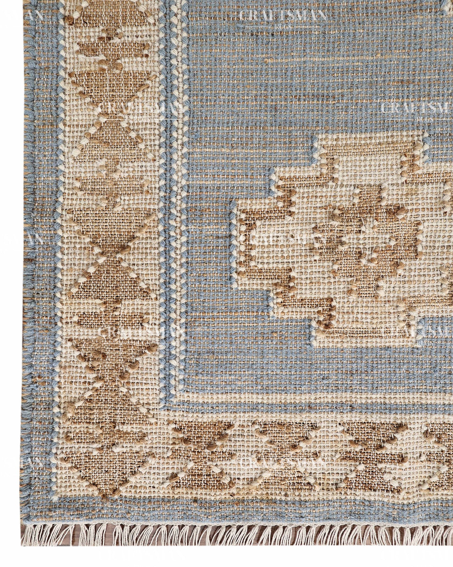 Handwoven Light Blue Jute Area Rug – Handmade Geometric Boho Farmhouse Flatweave Rug | Natural Eco-Friendly Area Carpet