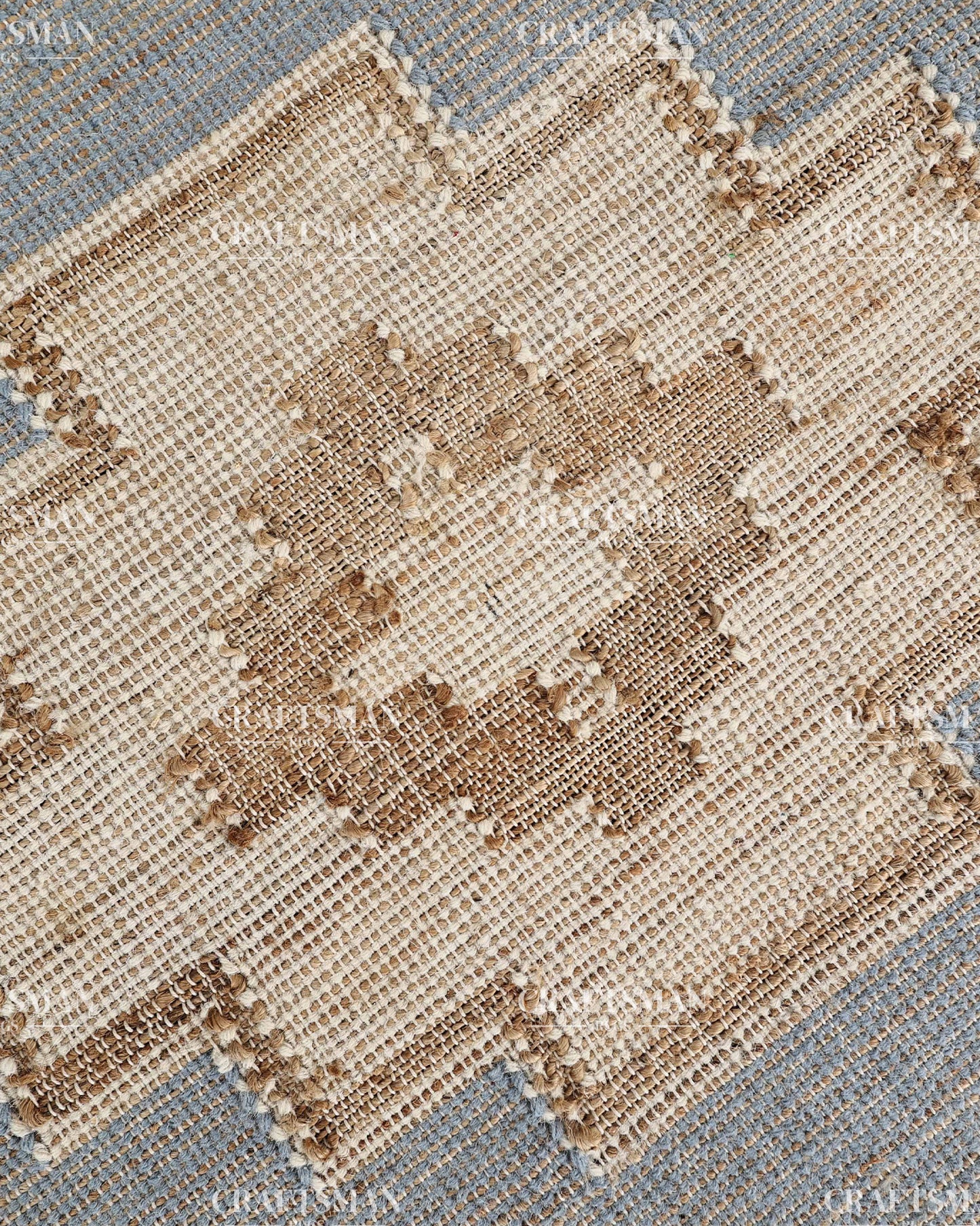 4x6 Handwoven Light Blue Jute Area Rug – Natural Beige Geometric Boho Farmhouse Flatweave Rug | Eco-Friendly Handmade Rug