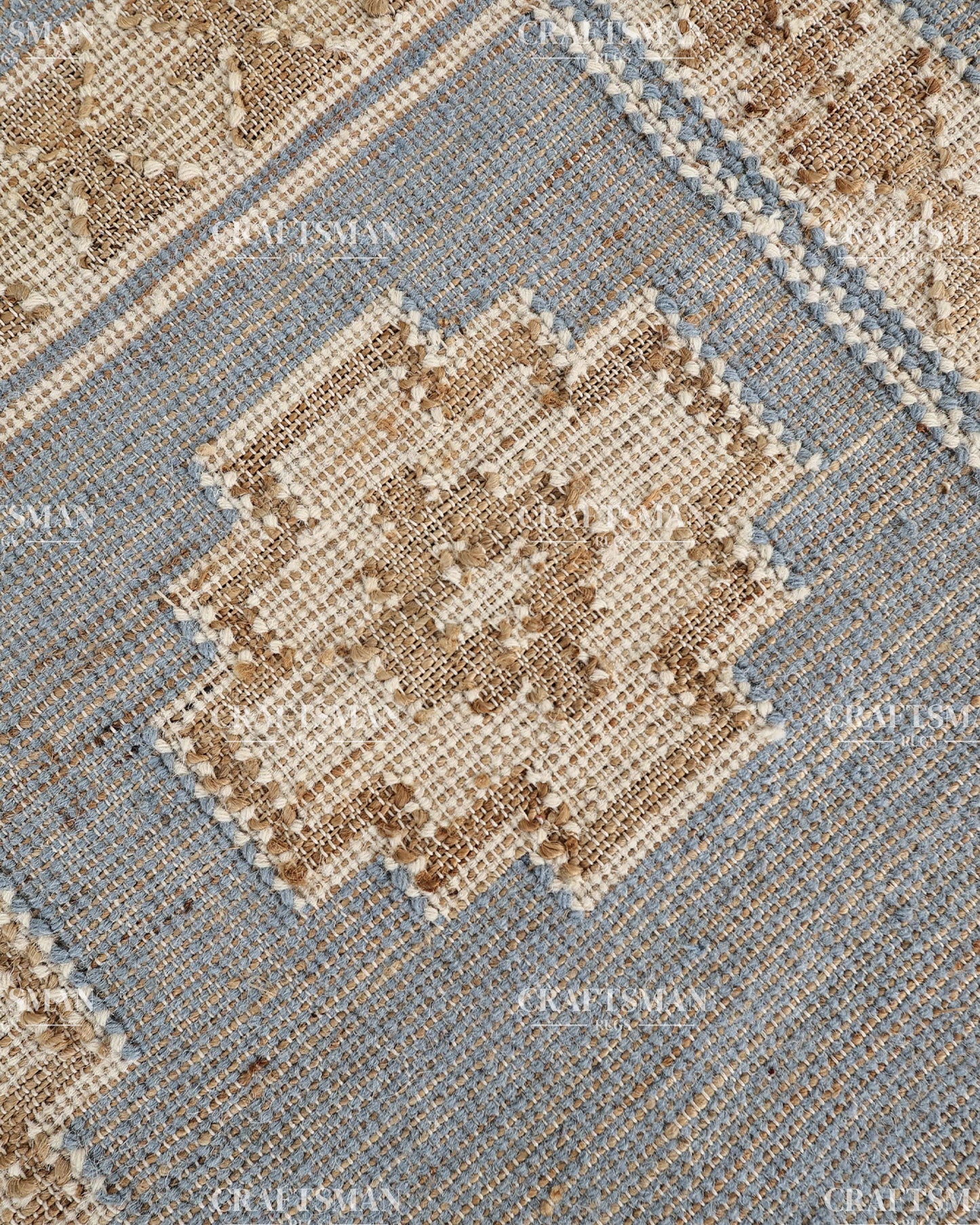 4x6 Handwoven Light Blue Jute Area Rug – Natural Beige Geometric Boho Farmhouse Flatweave Rug | Eco-Friendly Handmade Rug