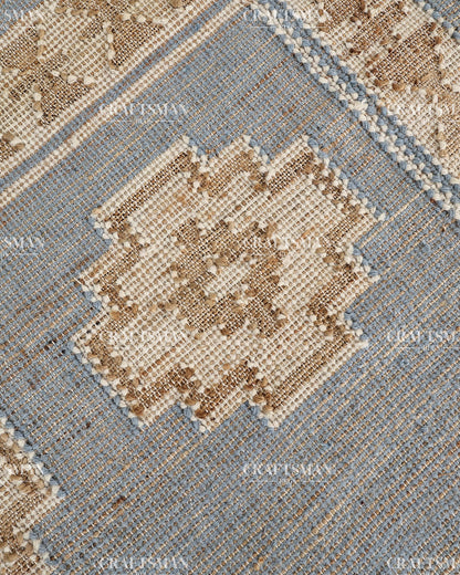 4x6 Handwoven Light Blue Jute Area Rug – Natural Beige Geometric Boho Farmhouse Flatweave Rug | Eco-Friendly Handmade Rug
