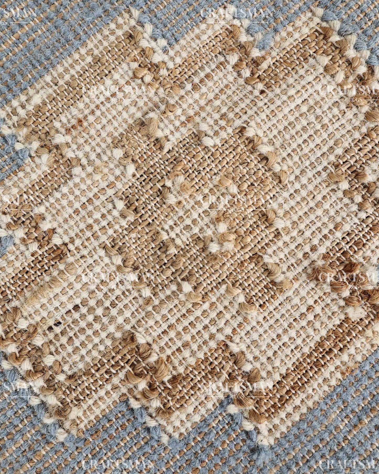 4x6 Handwoven Light Blue Jute Area Rug – Natural Beige Geometric Boho Farmhouse Flatweave Rug | Eco-Friendly Handmade Rug