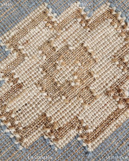 Handwoven Light Blue Jute Area Rug – Handmade Geometric Boho Farmhouse Flatweave Rug | Natural Eco-Friendly Area Carpet