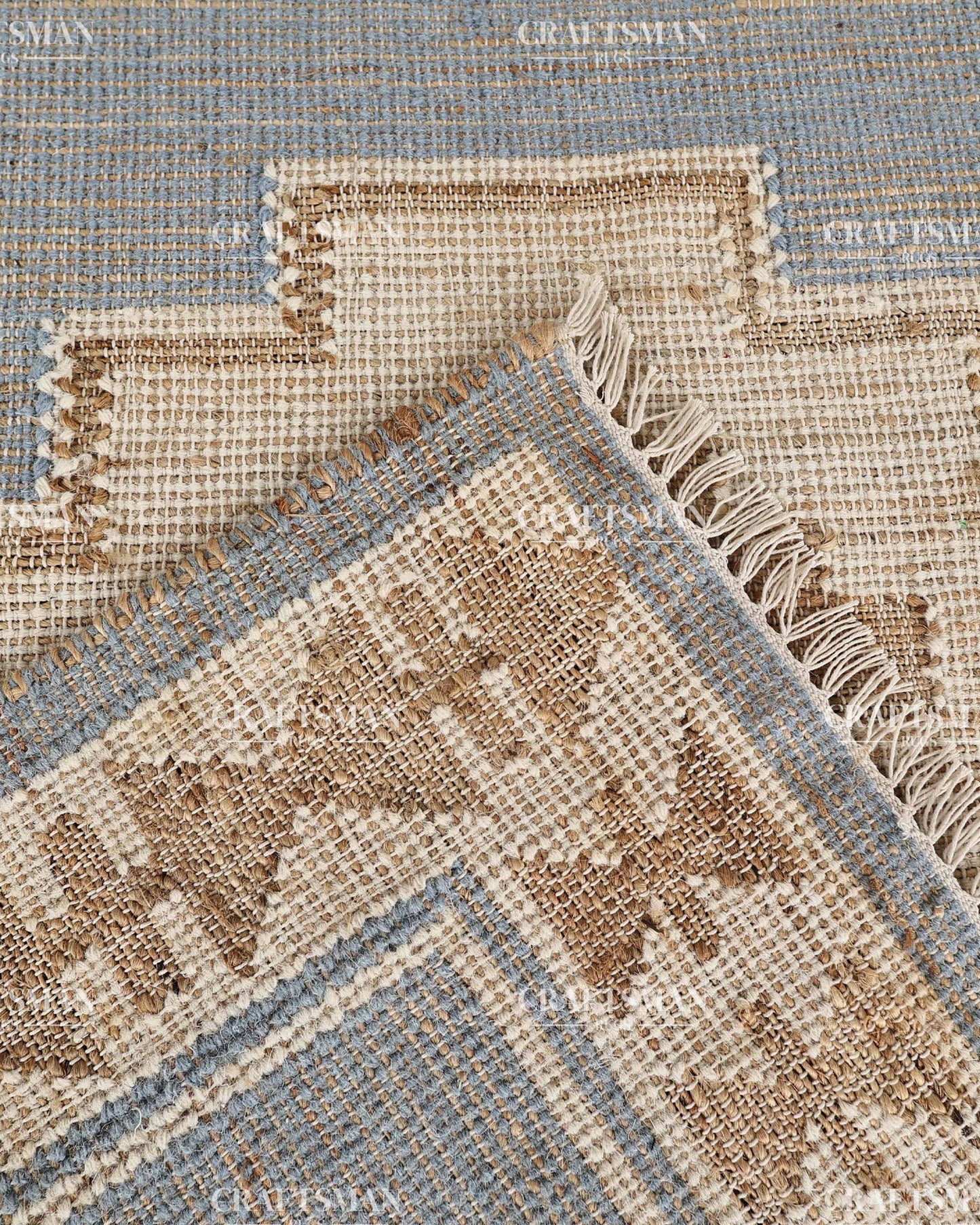 4x6 Handwoven Light Blue Jute Area Rug – Natural Beige Geometric Boho Farmhouse Flatweave Rug | Eco-Friendly Handmade Rug