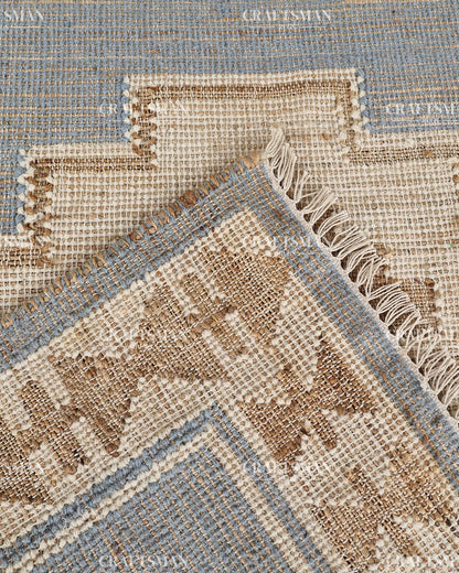 Handwoven Light Blue Jute Area Rug – Handmade Geometric Boho Farmhouse Flatweave Rug | Natural Eco-Friendly Area Carpet