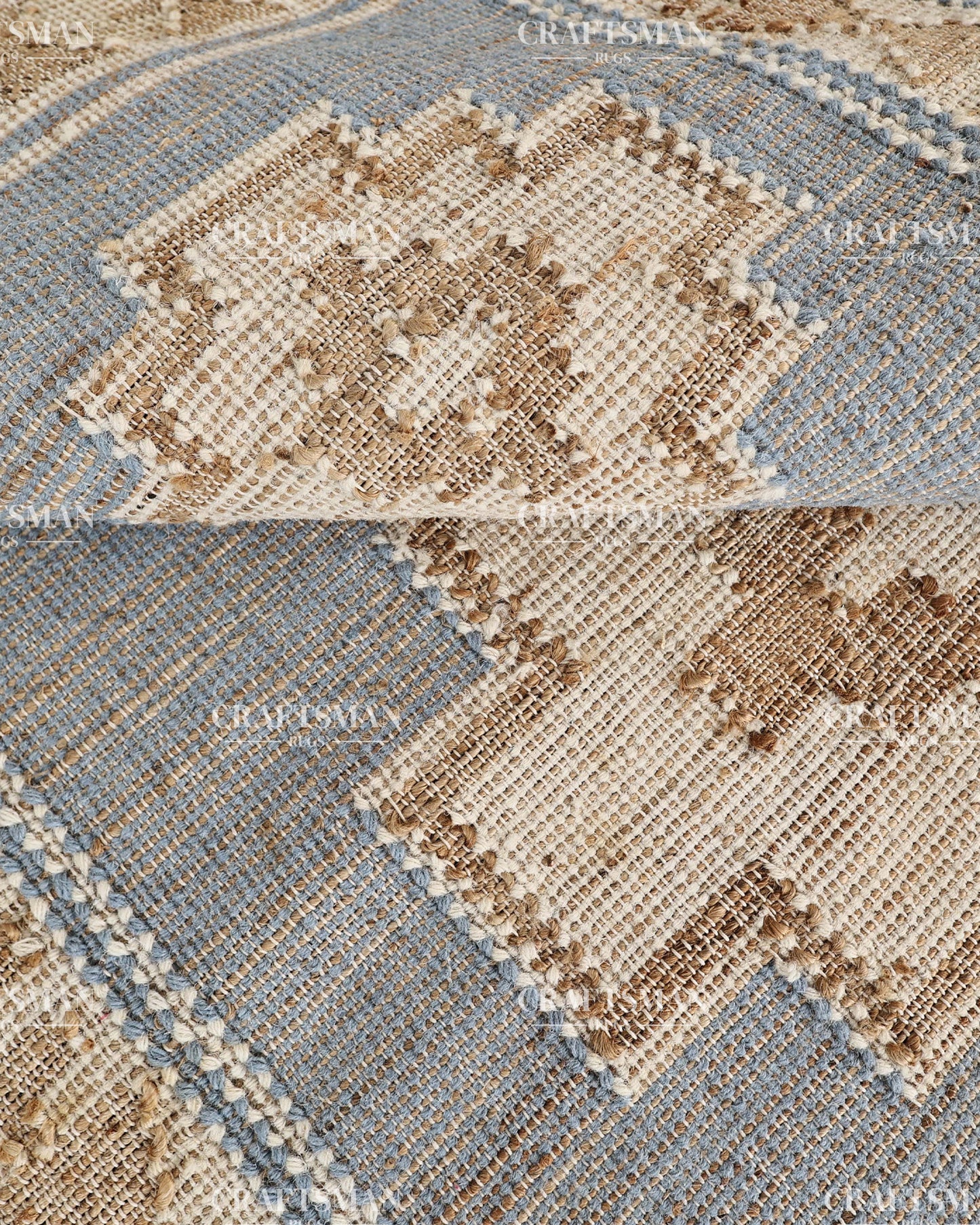 4x6 Handwoven Light Blue Jute Area Rug – Natural Beige Geometric Boho Farmhouse Flatweave Rug | Eco-Friendly Handmade Rug