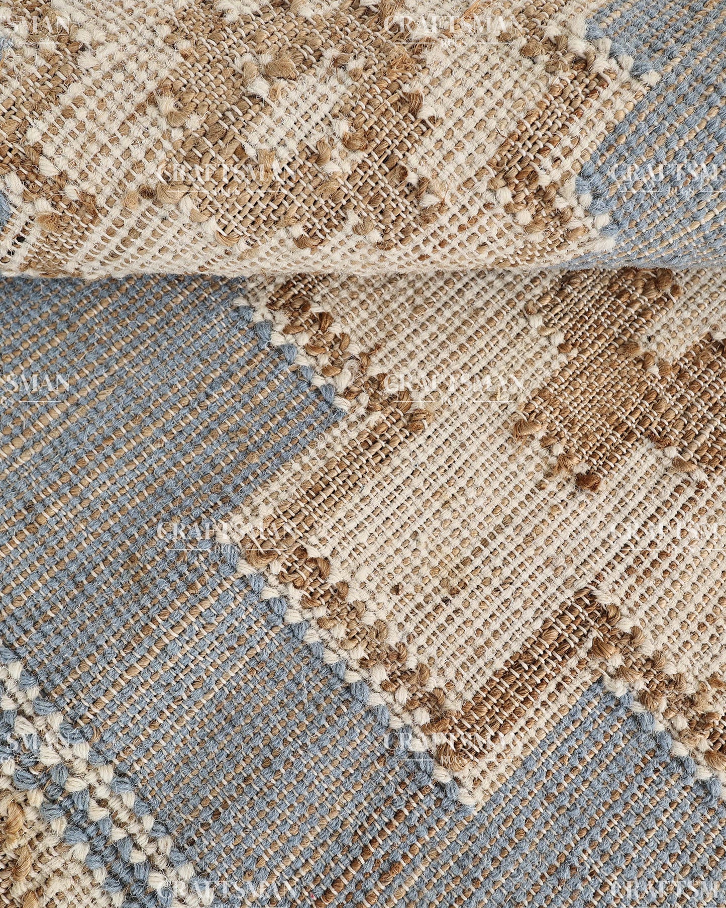 Handwoven Light Blue Jute Area Rug – Handmade Geometric Boho Farmhouse Flatweave Rug | Natural Eco-Friendly Area Carpet