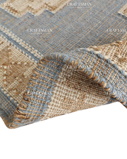 4x6 Handwoven Light Blue Jute Area Rug – Natural Beige Geometric Boho Farmhouse Flatweave Rug | Eco-Friendly Handmade Rug