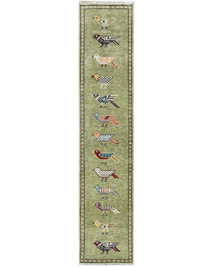 Hand Knotted Bird Runner Rug – Traditional Tribal Folk Art Wool Hallway Carpet, Sage Green Handmade Runner
