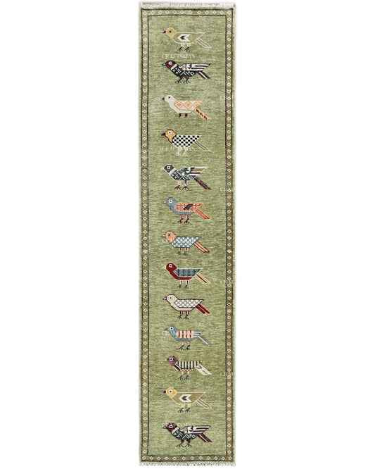 Hand Knotted Bird Runner Rug – Traditional Tribal Folk Art Wool Hallway Carpet, Sage Green Handmade Runner