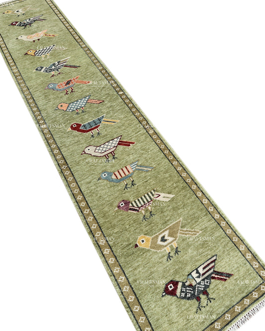 Hand Knotted Bird Runner Rug – Traditional Tribal Folk Art Wool Hallway Carpet, Sage Green Handmade Runner