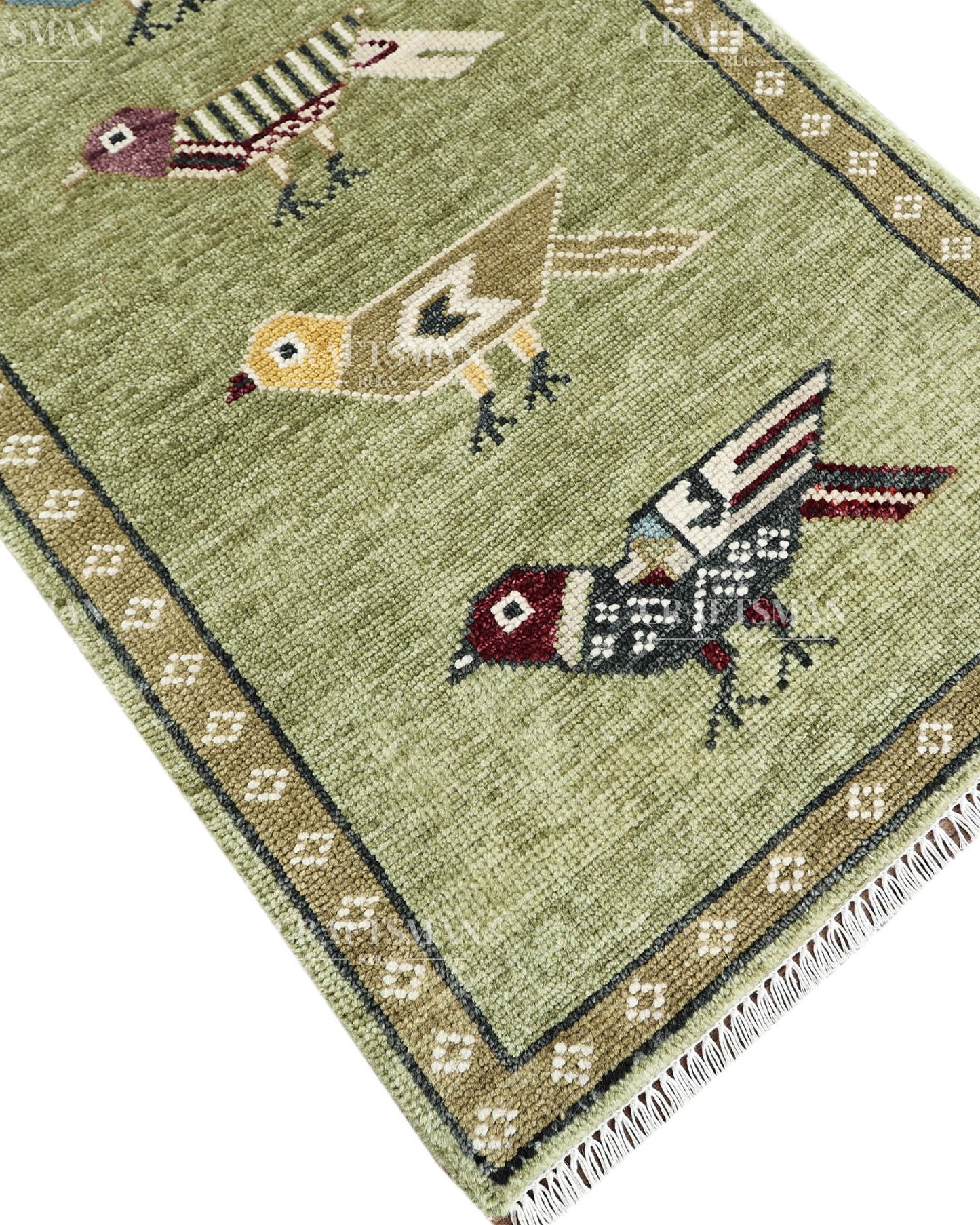 Hand Knotted Bird Runner Rug – Traditional Tribal Folk Art Wool Hallway Carpet, Sage Green Handmade Runner