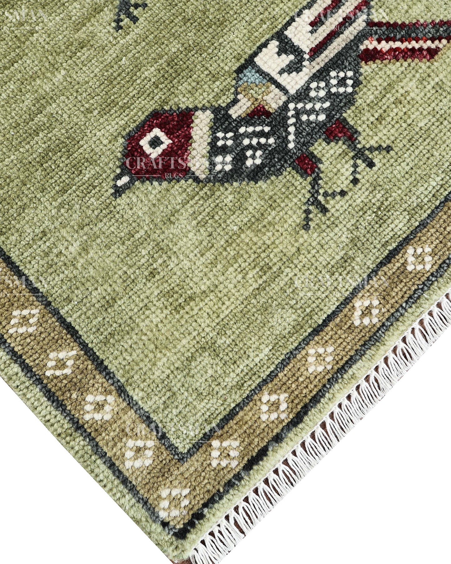 Hand Knotted Bird Runner Rug – Traditional Tribal Folk Art Wool Hallway Carpet, Sage Green Handmade Runner