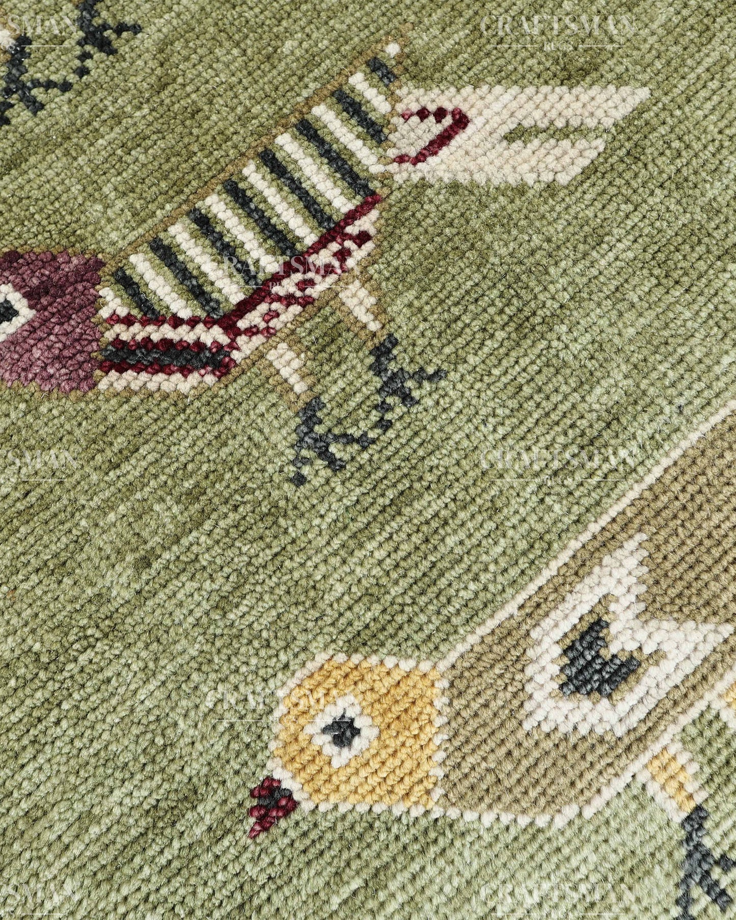 Hand Knotted Bird Runner Rug – Traditional Tribal Folk Art Wool Hallway Carpet, Sage Green Handmade Runner