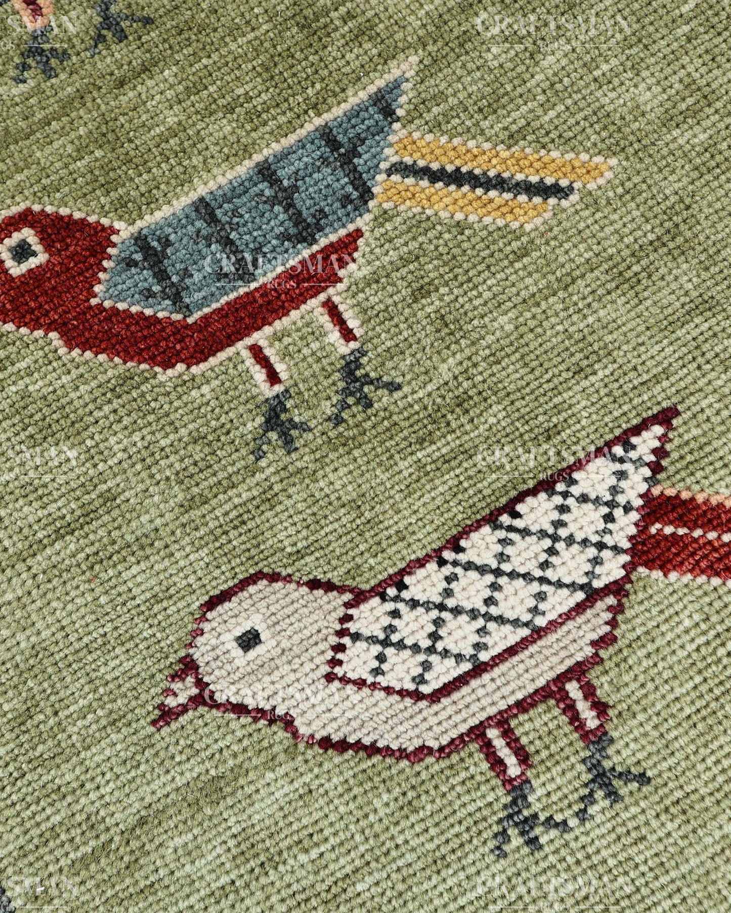 Hand Knotted Bird Runner Rug – Traditional Tribal Folk Art Wool Hallway Carpet, Sage Green Handmade Runner
