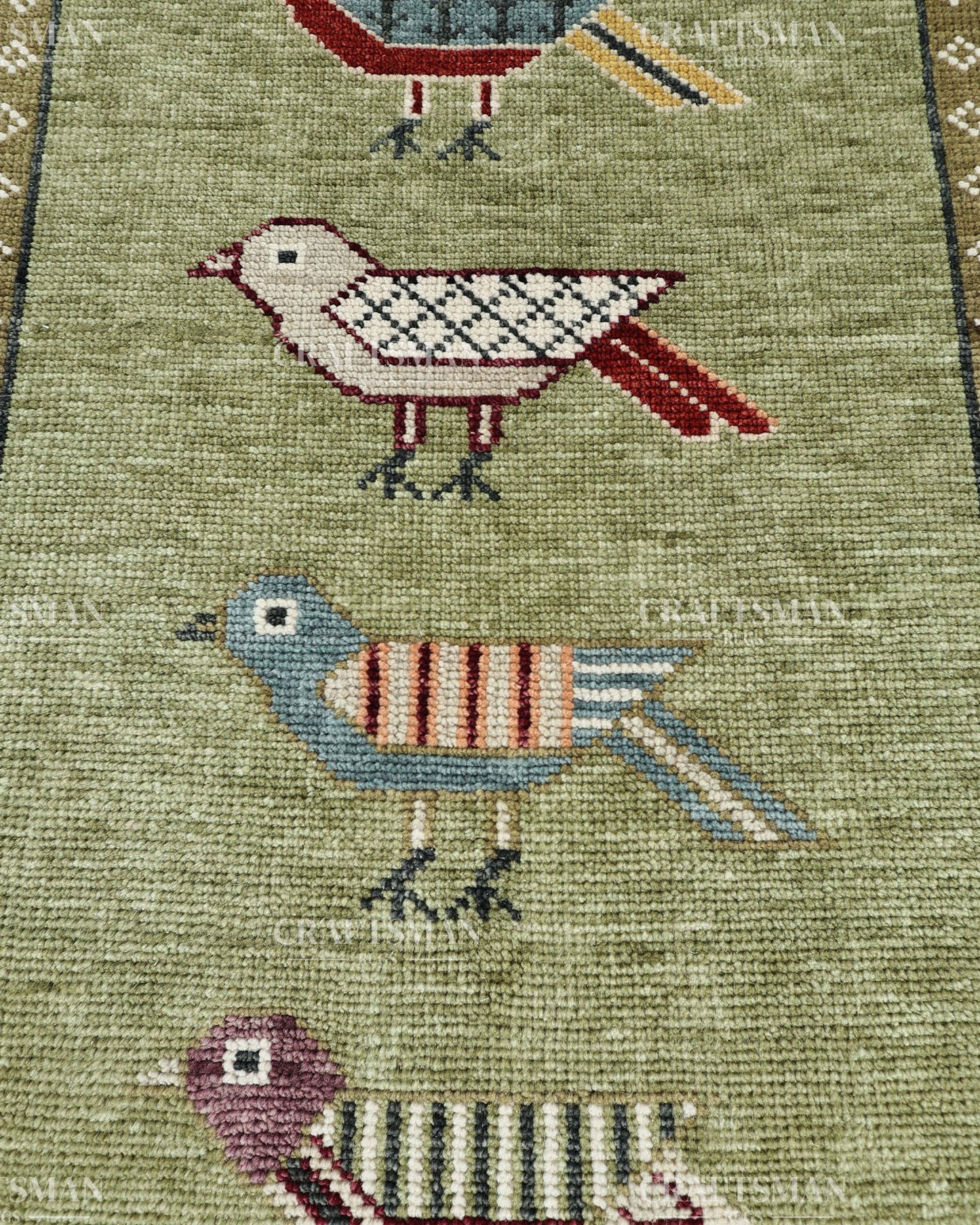 Hand Knotted Bird Runner Rug – Traditional Tribal Folk Art Wool Hallway Carpet, Sage Green Handmade Runner