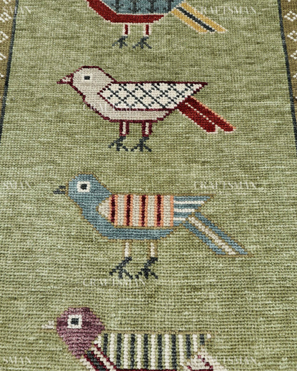 Hand Knotted Bird Runner Rug – Traditional Tribal Folk Art Wool Hallway Carpet, Sage Green Handmade Runner