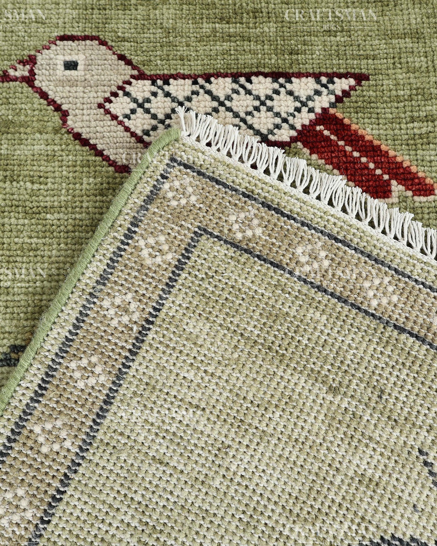 Hand Knotted Bird Runner Rug – Traditional Tribal Folk Art Wool Hallway Carpet, Sage Green Handmade Runner
