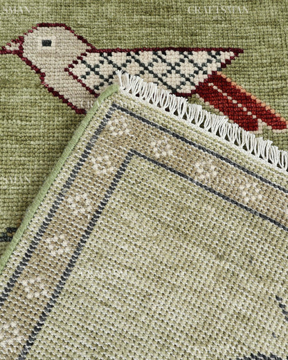 Hand Knotted Bird Runner Rug – Traditional Tribal Folk Art Wool Hallway Carpet, Sage Green Handmade Runner
