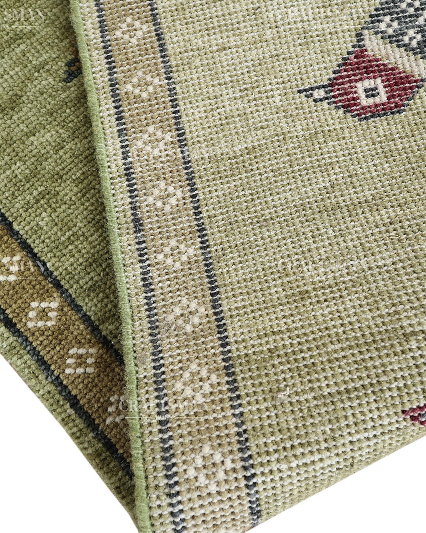 Hand Knotted Bird Runner Rug – Traditional Tribal Folk Art Wool Hallway Carpet, Sage Green Handmade Runner