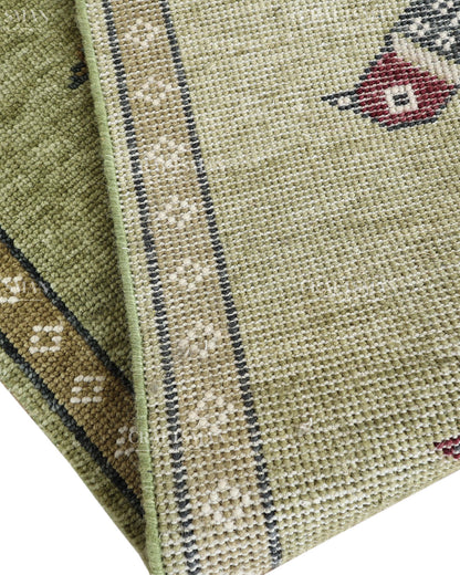 Hand Knotted Bird Runner Rug – Traditional Tribal Folk Art Wool Hallway Carpet, Sage Green Handmade Runner