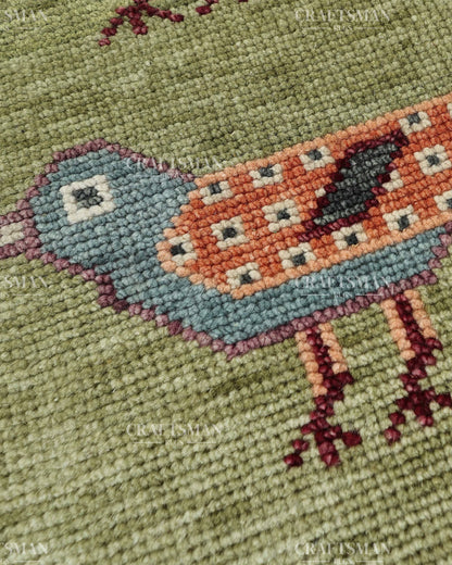 Hand Knotted Bird Runner Rug – Traditional Tribal Folk Art Wool Hallway Carpet, Sage Green Handmade Runner