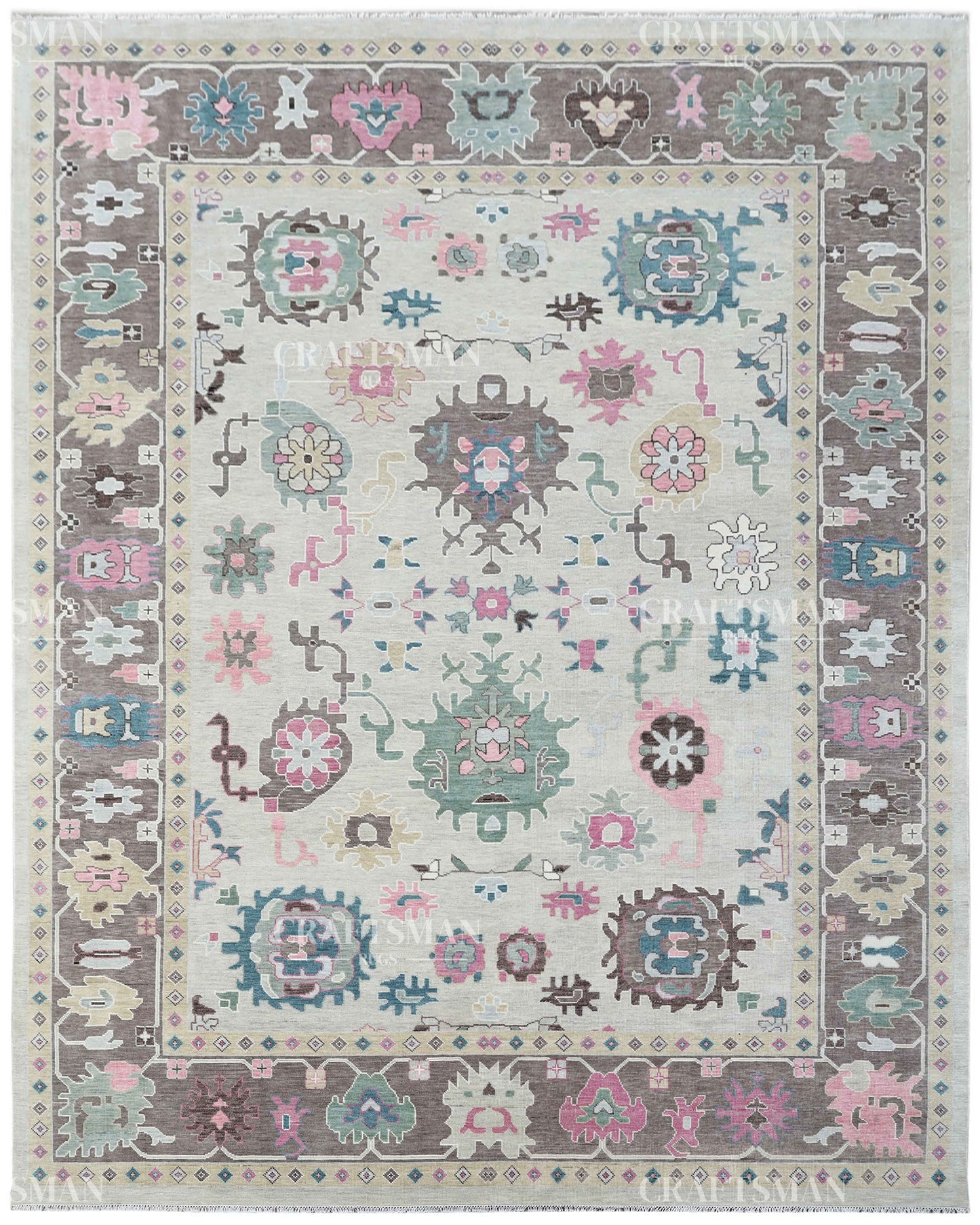 Hand Knotted Oushak Wool Rug – Vintage Turkish Floral Medallion Area Rug in Ivory, Taupe, Sage Green, Teal & Blush Pink