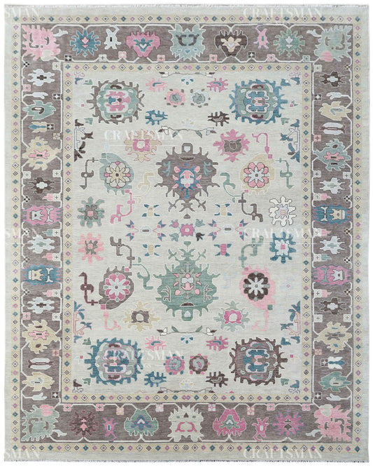 Hand Knotted Oushak Wool Rug – Vintage Turkish Floral Medallion Area Rug in Ivory, Taupe, Sage Green, Teal & Blush Pink