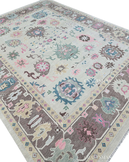 Hand Knotted Oushak Wool Rug – Vintage Turkish Floral Medallion Area Rug in Ivory, Taupe, Sage Green, Teal & Blush Pink