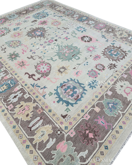 Hand Knotted Oushak Wool Rug – Vintage Turkish Floral Medallion Area Rug in Ivory, Taupe, Sage Green, Teal & Blush Pink