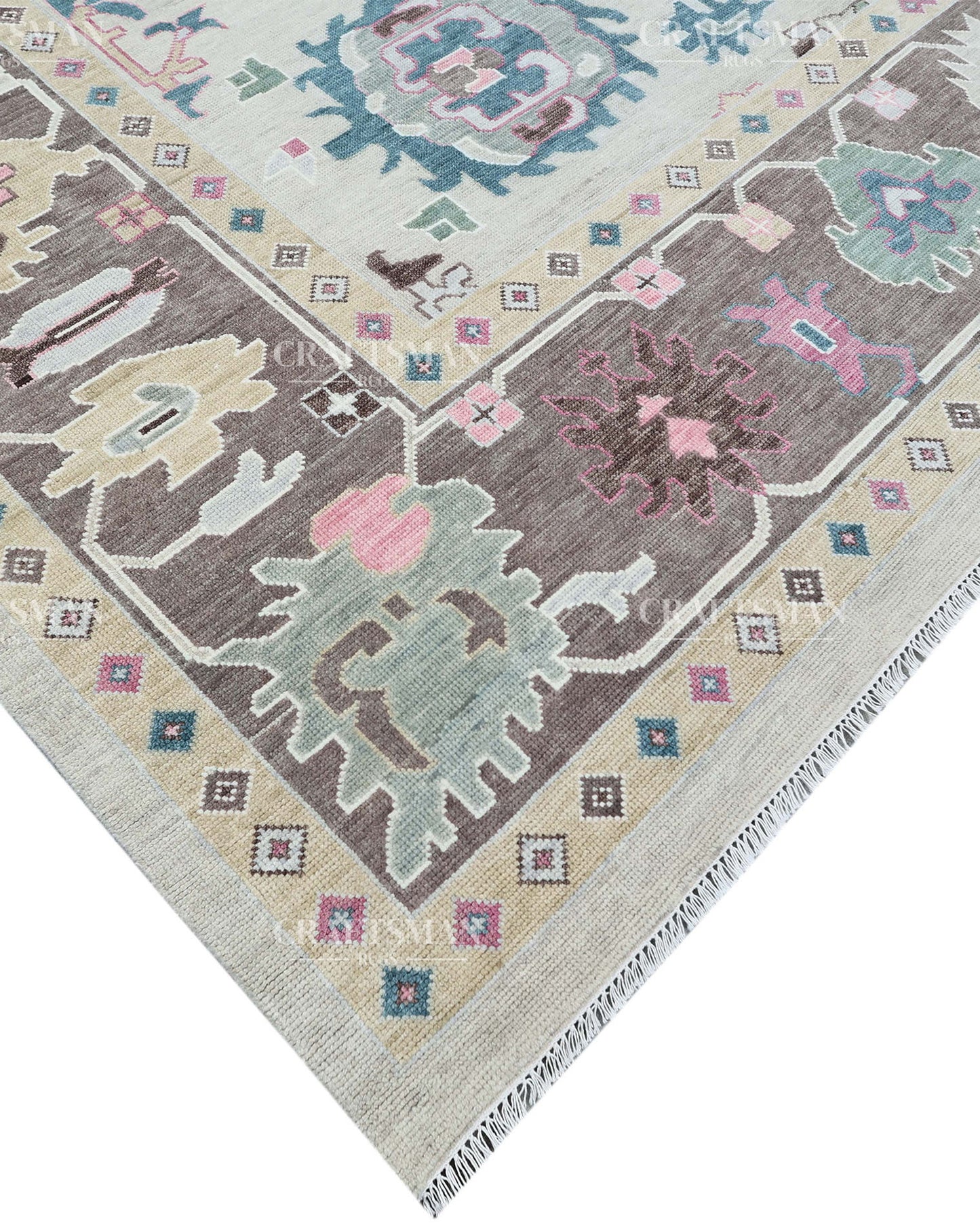 Hand Knotted Oushak Wool Rug – Vintage Turkish Floral Medallion Area Rug in Ivory, Taupe, Sage Green, Teal & Blush Pink