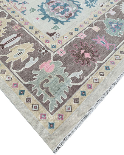 Hand Knotted Oushak Wool Rug – Vintage Turkish Floral Medallion Area Rug in Ivory, Taupe, Sage Green, Teal & Blush Pink