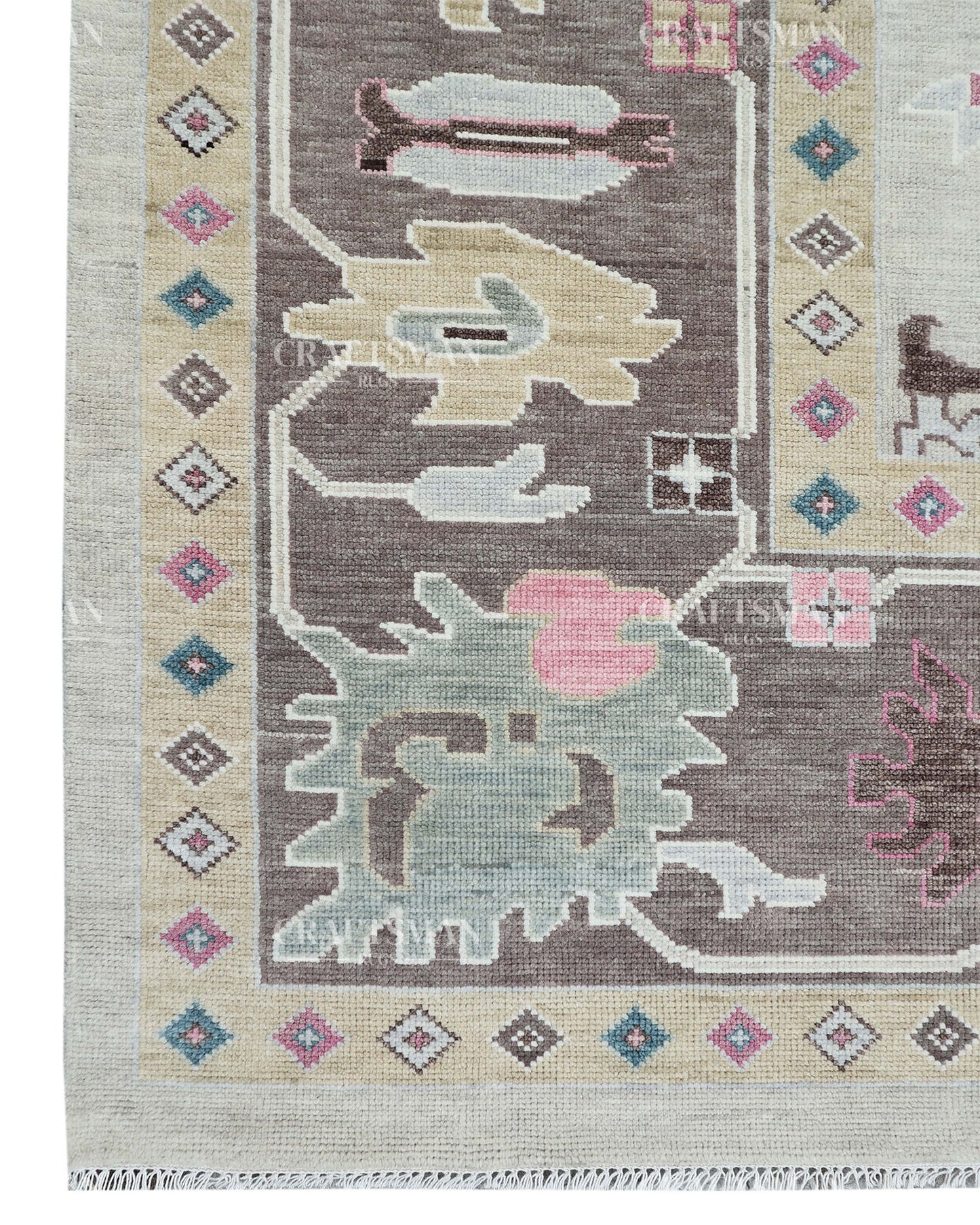 Hand Knotted Oushak Wool Rug – Vintage Turkish Floral Medallion Area Rug in Ivory, Taupe, Sage Green, Teal & Blush Pink