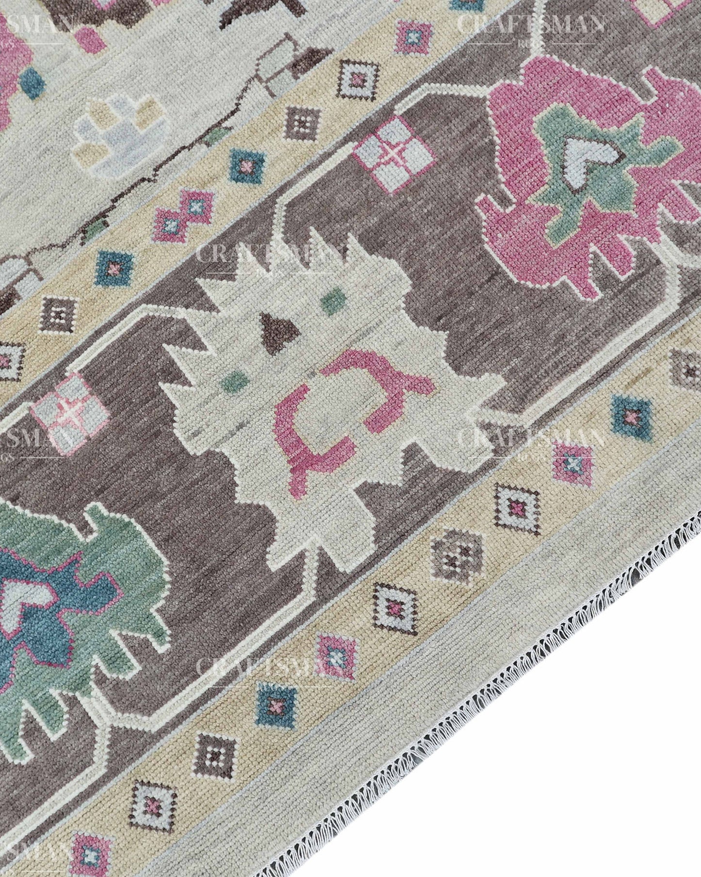 Hand Knotted Oushak Wool Rug – Vintage Turkish Floral Medallion Area Rug in Ivory, Taupe, Sage Green, Teal & Blush Pink