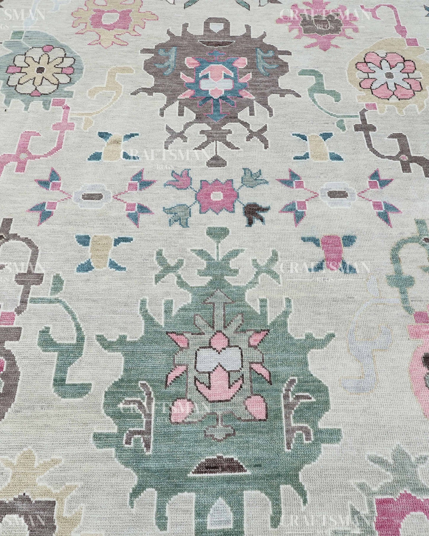 Hand Knotted Oushak Wool Rug – Vintage Turkish Floral Medallion Area Rug in Ivory, Taupe, Sage Green, Teal & Blush Pink