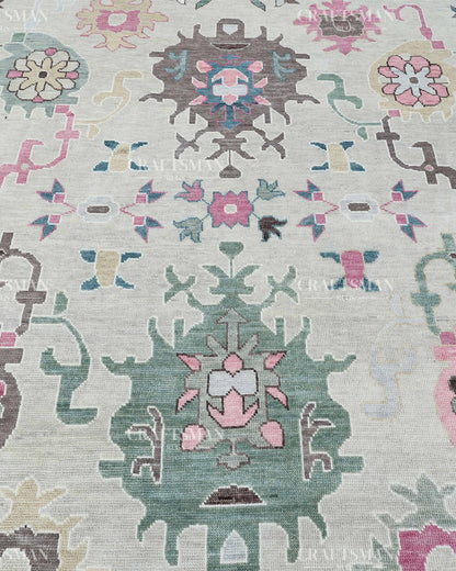 Hand Knotted Oushak Wool Rug – Vintage Turkish Floral Medallion Area Rug in Ivory, Taupe, Sage Green, Teal & Blush Pink