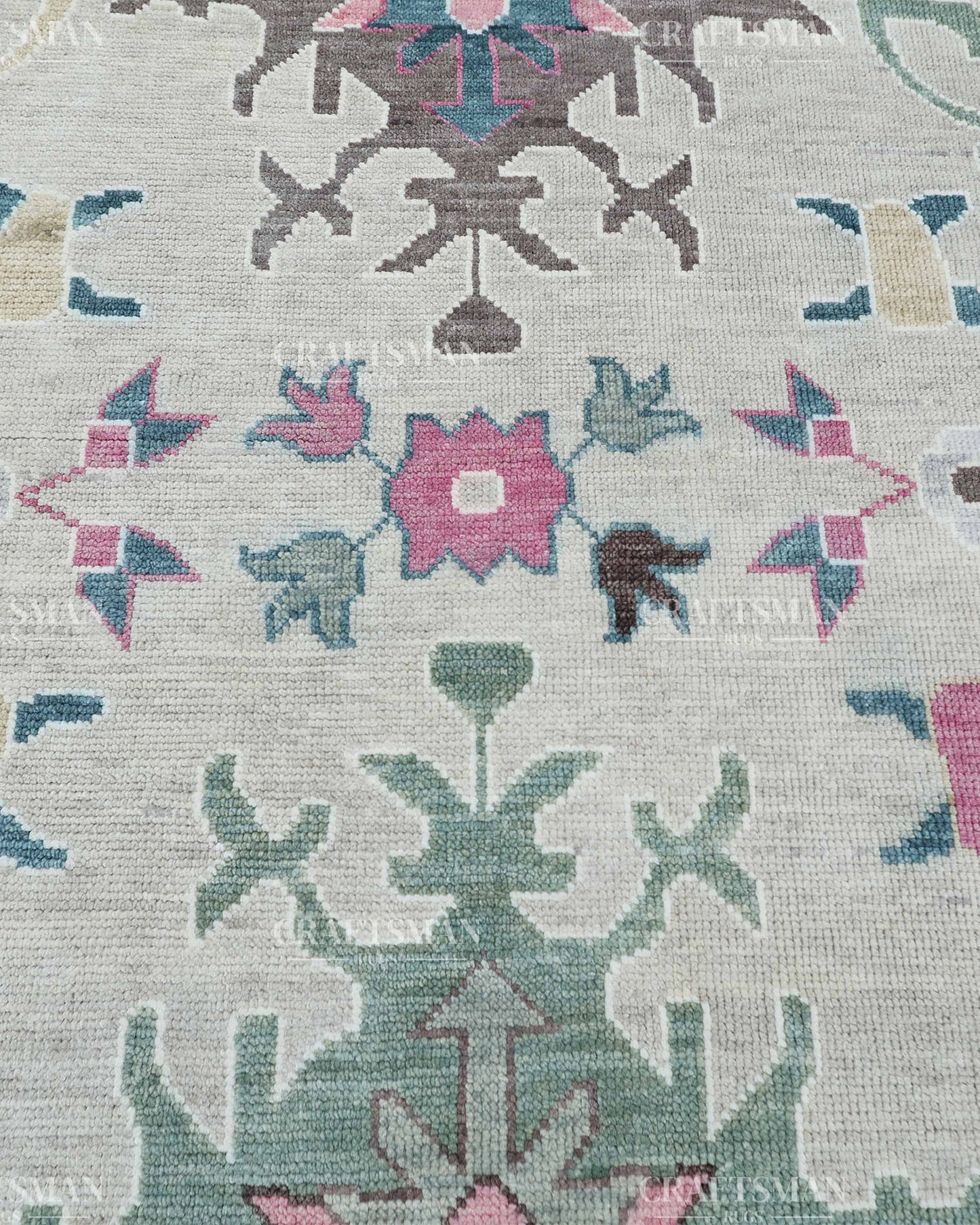Hand Knotted Oushak Wool Rug – Vintage Turkish Floral Medallion Area Rug in Ivory, Taupe, Sage Green, Teal & Blush Pink