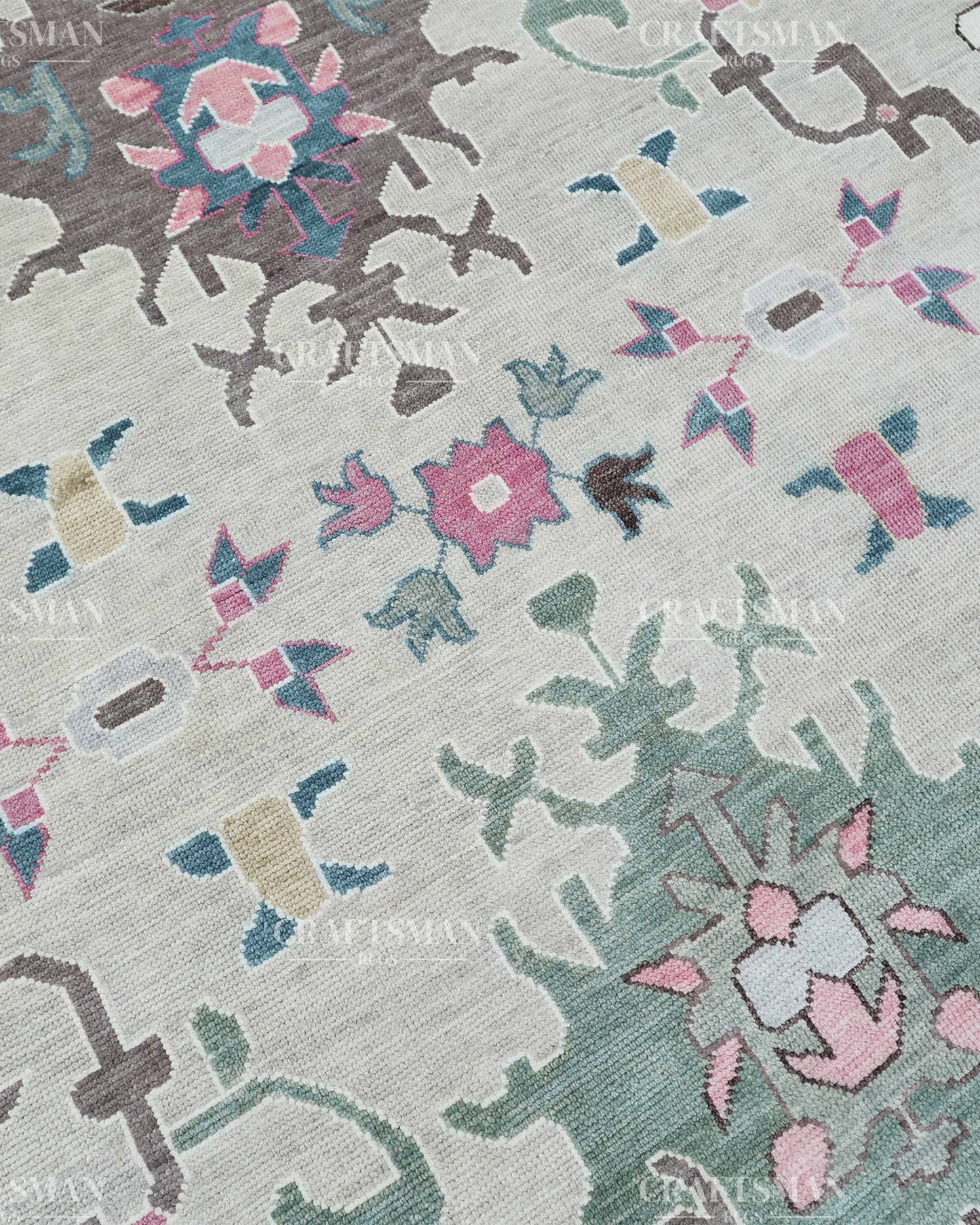Hand Knotted Oushak Wool Rug – Vintage Turkish Floral Medallion Area Rug in Ivory, Taupe, Sage Green, Teal & Blush Pink