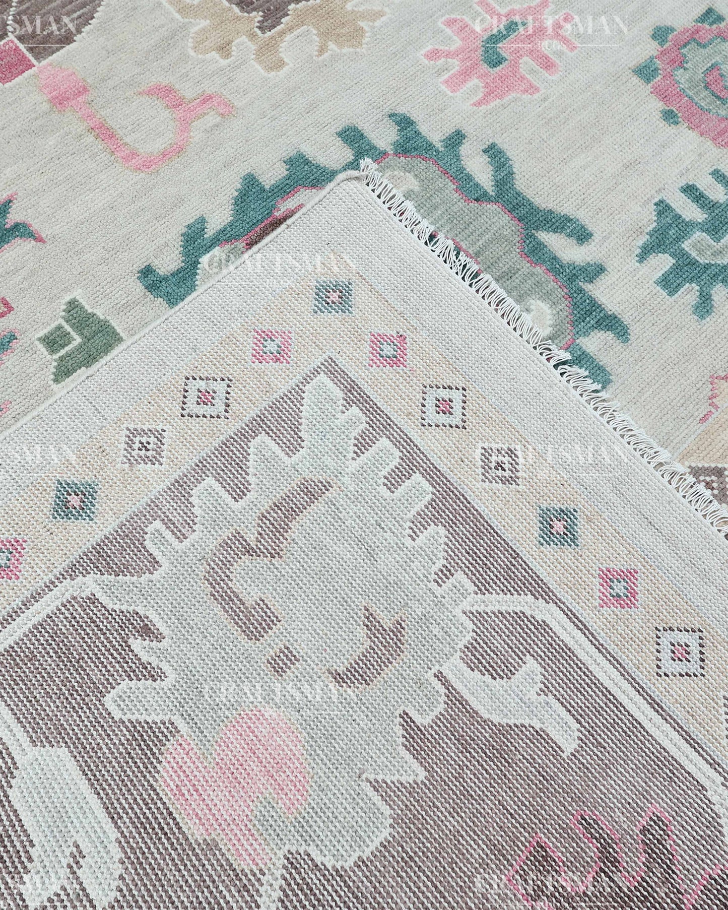 Hand Knotted Oushak Wool Rug – Vintage Turkish Floral Medallion Area Rug in Ivory, Taupe, Sage Green, Teal & Blush Pink