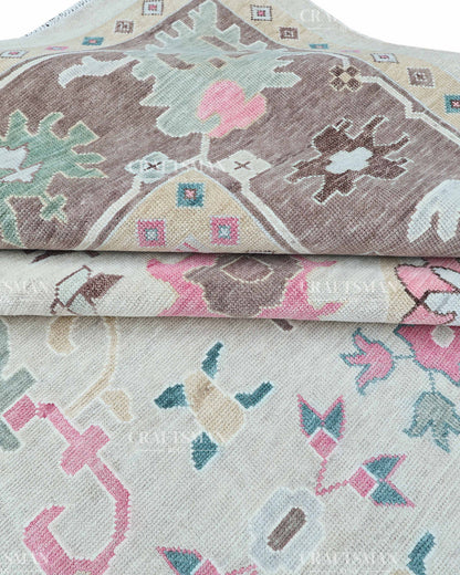 Hand Knotted Oushak Wool Rug – Vintage Turkish Floral Medallion Area Rug in Ivory, Taupe, Sage Green, Teal & Blush Pink